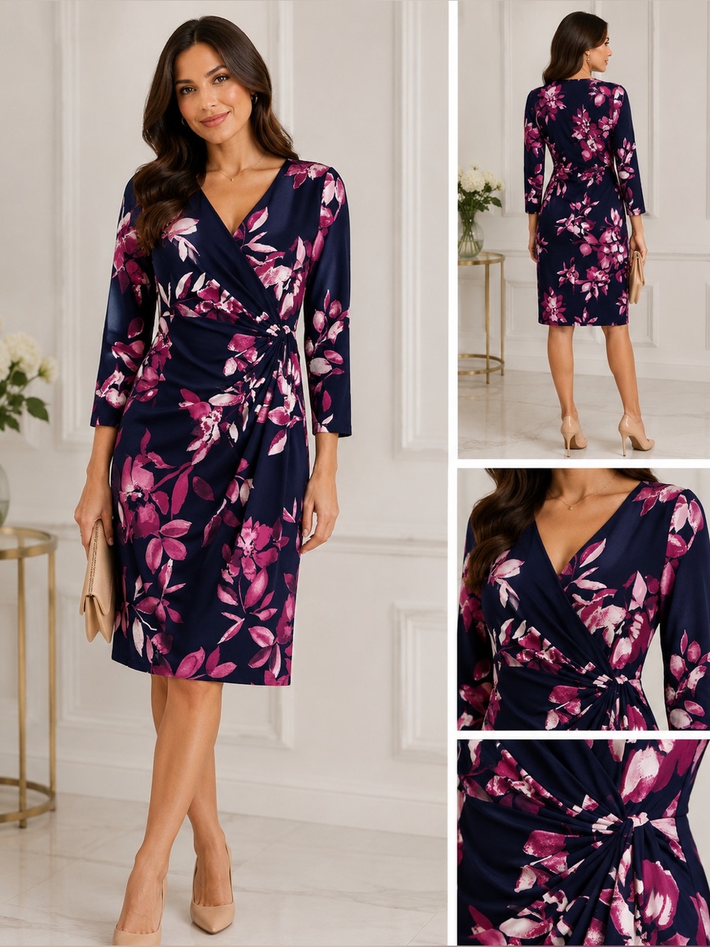Lauren Ralph Lauren Navy Midi Wrap Dress with Pink Floral Print